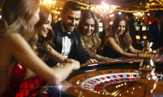 AI generated People playing roulette at casino table, gambling money and placing bets photo