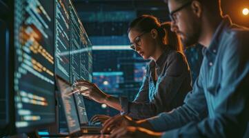 AI generated Developers and programmers checking code for bugs and providing fixes in team environment photo
