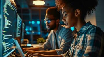 AI generated Developers and programmers checking code for bugs and providing fixes in team environment photo