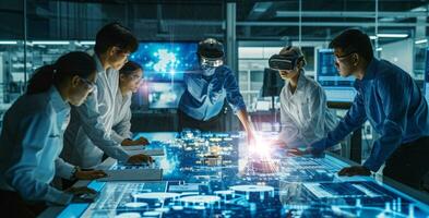 AI generated CPU virtual 3D modeling for PC, mobile devices and chips. Engineers in lab, virtual visualization photo