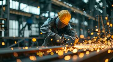 AI generated Worker in industrial factory working on steel production manufacturing line with welding equipment photo