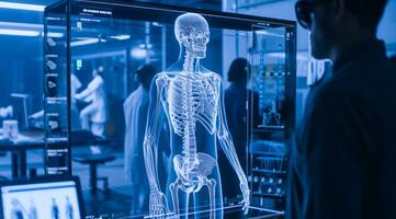 ai generado equipo de ingenieros, visualización de humano cuerpo 3d modelado para futuro medicina foto