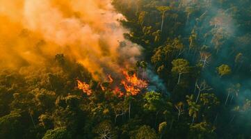 AI generated Wildfires disaster burns forests and causing ecology damage with smoke and fire photo