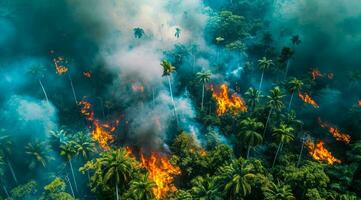 AI generated Wildfires disaster burns forests and causing ecology damage with smoke and fire photo