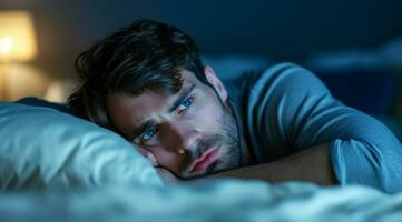 AI generated Insomnia of a stressed depressed man lying sleepless in bed. Sleep disorder photo