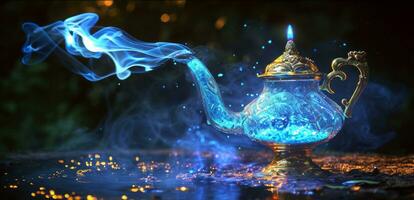 AI generated Genie coming out of a Aladdin whish lamp, Concept of miracle and whish come true photo