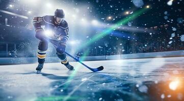 AI generated Hockey player in helmet scores goal holding hockey stick in his hand photo