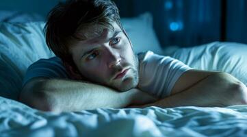 AI generated Insomnia of a stressed depressed man lying sleepless in bed. Sleep disorder photo