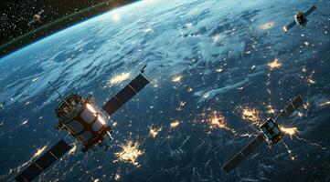 AI generated Satellites orbiting earth in outer space. Science and technology research in cosmos. photo