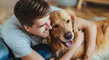 AI generated Happy dog gold retriever owner sitting together with his cute dog playing and hugging him photo