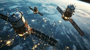 AI generated Satellites orbiting earth in outer space. Science and technology research in cosmos. photo