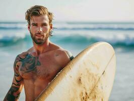 AI generated Fit and handsome male surfer holding a surfboard on ocean shore. Vacation and travel lifestyle photo