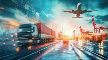 AI generated Logistics transportation commerce network of planes cargo ships and trucks in international port photo