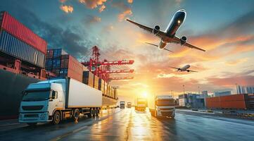 AI generated Logistics transportation commerce network of planes cargo ships and trucks in international port photo