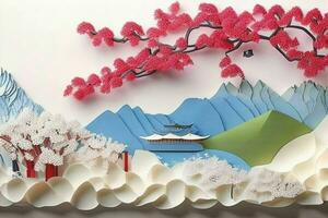 AI generated Japanese nature and landscape paper cut. Pro Photo