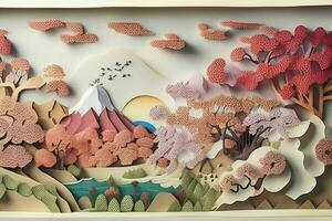 AI generated Japanese nature and landscape paper cut. Pro Photo