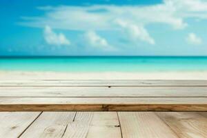 AI generated Empty wooden table top with a blurred seascape summer beach with a blue sky background. Pro Photo