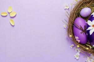 AI generated Easter egg day concept background with copy space spring leaves and flowers. Pro Photo