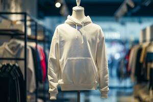 AI generated photo of a white hoodie on mannequin inside of clothing store