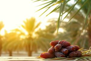 AI generated a bunch of fresh dates neatly arranged against a backdrop of date palms and soft sunlight photo