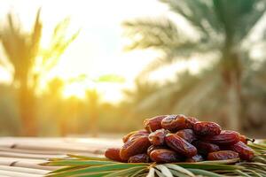 AI generated a bunch of fresh dates neatly arranged against a backdrop of date palms and soft sunlight photo