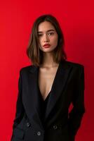 AI generated a woman in a black suit posing for a picture on isolated red background photo