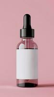 AI generated dropper bottle with a simple white label against a pink background photo