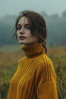 AI generated beautiful woman in yellow turtleneck sweater standing near green grass field photo