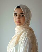 AI generated A beautiful lady in a stylish hijab wearing contemporary fashion photo