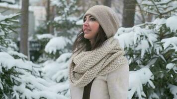 un hermosa joven mujer con azul ojos y oscuro pelo en un bueno estado animico camina mediante el invierno bosque, mira a el Navidad arboles en el nieve y sonrisas lento movimiento video