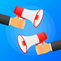 Hands hold two red megaphones. Flat loudspeacker on blue background. Vector illustration.