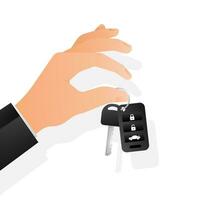 Auto key with hand, great design for any purposes. Blue background. White background. Vector icon.