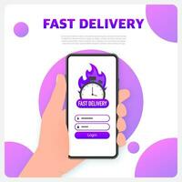 Express delivery service badge. woth smartphone. Fast time delivery order with car on white background. Vector illustration