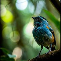 AI generated photograph of a beautiful colorful bird in the Amazon rainforest in Brazil photo