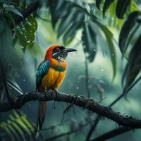 AI generated photograph of a beautiful colorful bird in the Amazon rainforest in Brazil photo