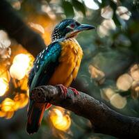 AI generated photograph of a beautiful colorful bird in the Amazon rainforest in Brazil photo