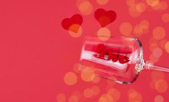 Creative composition for Valentine's Day on the red background. Banner. Top view. Copy space. Selective focus. photo