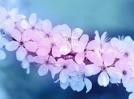 Beautiful floral spring abstract background. Branch of cherry blossoms on a pink-blue background. Selective focus. photo