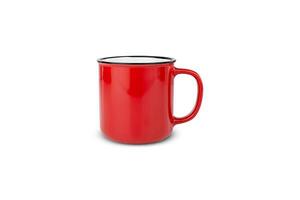 Empty red mug isolated on white background. Close-up. photo