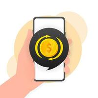 Icon with golden exchange coin on light background. Crypto currency, crypto currency coin. Arrow icon vector