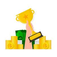 Trophy with award money. Financial concept. Gift box icon vector