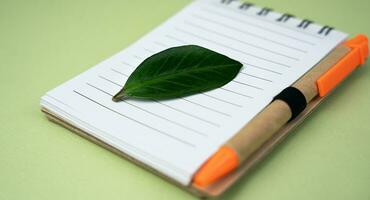 cuaderno y bolígrafo hecho de eco simpático materiales en un verde antecedentes. de cerca. selectivo enfocar. foto