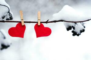 Two red hearts hanging on snowy branch. Valentine's day. Love message. Close-up. Copy space. Selective focus. photo