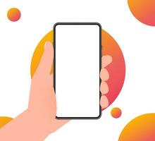 Hand holds phone with mock up screen. Phone on white background. Vector illustration.