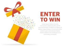 Enter to win prizes. Prize box opening and exploding with fireworks and confetti. vector