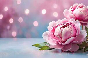 AI generated Beautiful pink peony flowers on color background with bokeh effect. Weddings, mother's day, Valentine's day, birthday concept. Copy space. photo