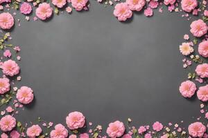 AI generated Background with pink flowers on grey slate texture. Top view, copy space. photo