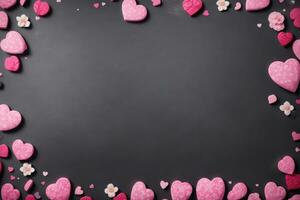 AI generated Valentine's Day background with pink hearts on grey slate texture. Top view, copy space. photo