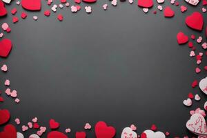 AI generated Valentine's Day background with red hearts on grey slate texture. Top view, copy space. photo