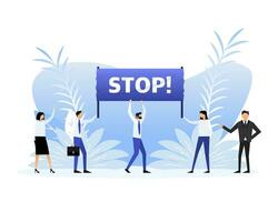 People holding a poster with text Stop. Vector illustration.